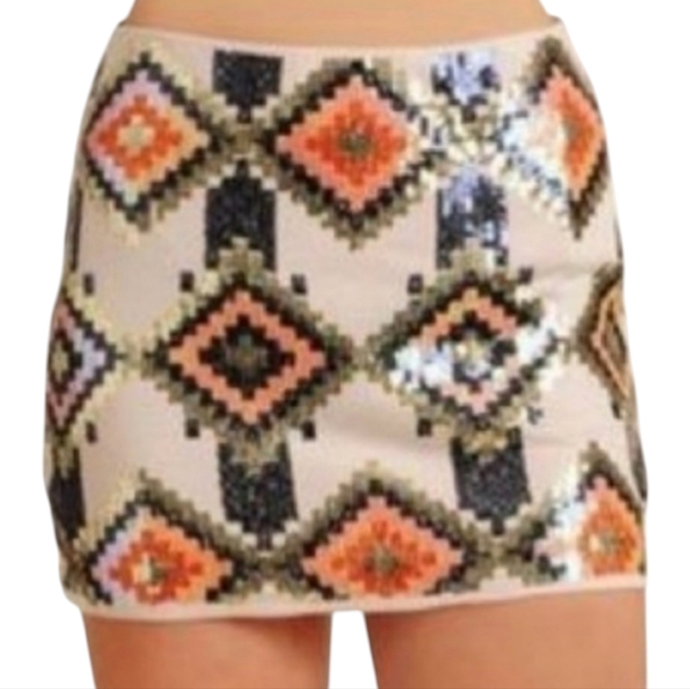 Lovemarks Aztec Sequin Mini Skirt - Size Small